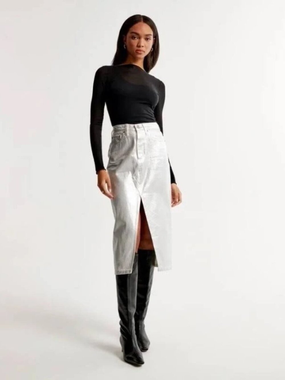 Abercrombie & Fitch High Rise Metallic Silver Coated Denim Midi Skirt Size 32